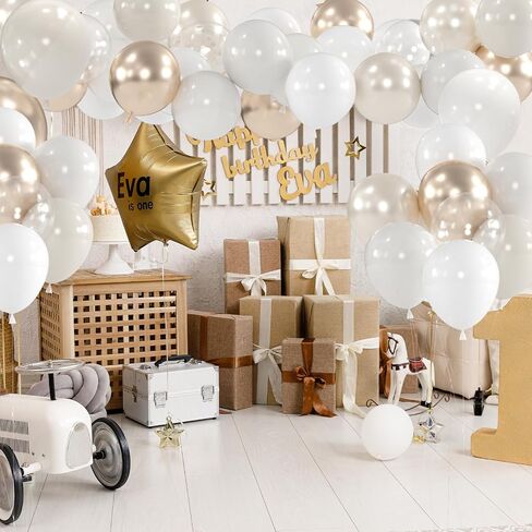100pcs White and Gold Balloons - 12inch Sand White Metallic Champagne Gold Nude Pearl White & Clear Balloon for Baby showers, Wedding, Bachelorette, Graduation (with 66ft Ribbons) in Saudi Arabia