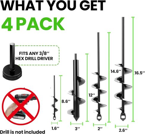 Auger Drill Bit for Planting 3 Pack - with Extension - Garden Tools Spiral Hole Drill Planter for Bulb Planting, Fence Post, Umbrella Holes - 3/8'' Hex Drive Drill - Gardening, Hole Digger Yard Tools in Kuwait