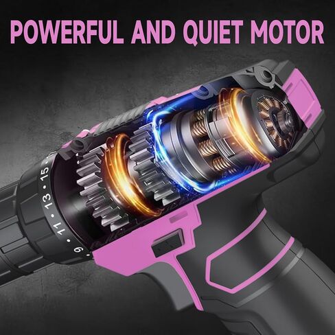 PULITUO 12V مجموعة المثقاب اللاسلكي الوردي مع بطارية وشاحن، تحسين المنزل الحفر الكهربائية، ظرف بدون مفتاح 3/8 بوصة، LED مدمج، 21 + 1 إعداد عزم الدوران مثقاب صغير in Kuwait