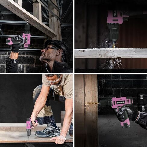 PULITUO 12V مجموعة المثقاب اللاسلكي الوردي مع بطارية وشاحن، تحسين المنزل الحفر الكهربائية، ظرف بدون مفتاح 3/8 بوصة، LED مدمج، 21 + 1 إعداد عزم الدوران مثقاب صغير in Kuwait