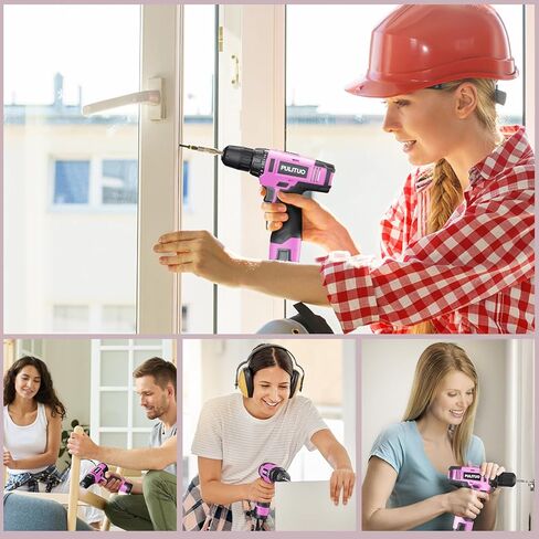 PULITUO 12V مجموعة المثقاب اللاسلكي الوردي مع بطارية وشاحن، تحسين المنزل الحفر الكهربائية، ظرف بدون مفتاح 3/8 بوصة، LED مدمج، 21 + 1 إعداد عزم الدوران مثقاب صغير in Kuwait