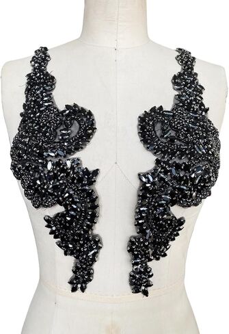 Handmade Rhinestone Applique Decorative Mesh Patch Corset Accessories are Suitable for Wedding Dresses 1 Pair/Set 4.7X15.7inches (Black) in Kuwait