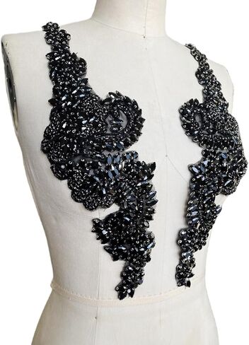 Handmade Rhinestone Applique Decorative Mesh Patch Corset Accessories are Suitable for Wedding Dresses 1 Pair/Set 4.7X15.7inches (Black) in Kuwait
