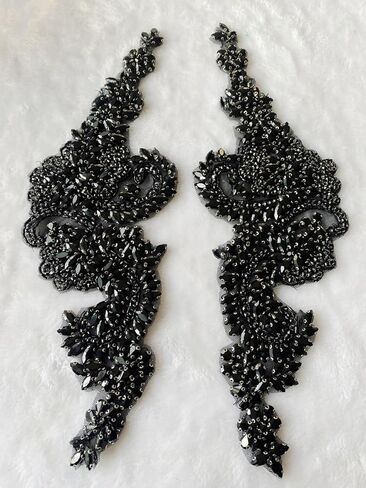 Handmade Rhinestone Applique Decorative Mesh Patch Corset Accessories are Suitable for Wedding Dresses 1 Pair/Set 4.7X15.7inches (Black) in Kuwait