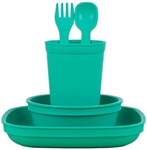 Re-Play Made in USA Toddler Dinnerware Set - 10 oz. Open Cup, 7" Flat Plate, 12 Oz. Bowl, Rounded Tip Fork and Deep Scoop Spoon - Dishwasher/Microwave Safe Plastic Dinnerware Set - Amethyst in Kuwait
