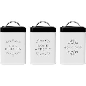 مجموعة تخزين Amici Home Pet Treat Storage ، تخزين المعادن العلبة البيضاء ، 36 أوقية السوائل ، غطاء أعلى دفع أسود - مجموعة من 3