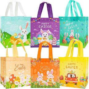 MestectPET 6PCS Easter Gift Bags with Handles, Happy Easter Non-Woven Reusable Gift Bag for Kid, Bunny Egg Hunt Party for Gifts Wrapping, 22.5 x 22.5 x 11 CM