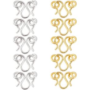 PH PandaHall 10pcs 999 Sterling Silver M Hook Clasp with Jump Rings, W Hook Clasp Connector M Hook Eye Clasp Jewelry Connector Clasps for Necklace Bracelet Jewelry Making DIY Crafts, Golden/Platinum