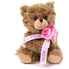 Plushland Mocha Teddy Bear with Pink Ribbon Rose -I Love Mom for Mom, Soft Stuffed Animal, Nursery Crib Decor, Brown Floral Bear 6 Inches