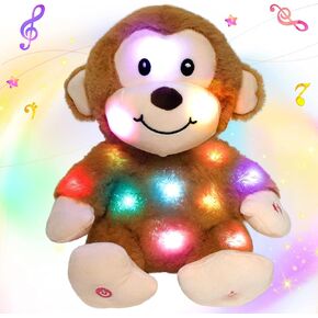 Hopearl LED Musical Monkey Stuffed Animal Lighting Up Singing Plush Toy Adjustable Volume Lullaby Animated Soothe Birthday Gifts for Kids Toddlers, Brown, 11''