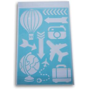 World Traveler Stencil - كرة سفر ، طائرة نفاثة ، كاميرا ، حقيبة ، سهام ، أيقونات عطلة الهواء الساخن - 7.5 × 11 بوصة