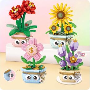 MEIEST 4 PCS Mini Flower Succulent Bonsai Building Blocks,Simulation Pot Plant Particle Botanical Collection Construction Building Bricks Toy,Home Decors (Series-1)