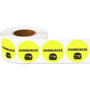 600 Hamburger Stickers, 1" Round Hamburger Food Labels Meat Stickers Deli Pantry Catering Food Truck Grocery Store Menu Meal Choice Sticker Meat Package Food Labeling, Yellow - 2 Rolls of 300 Labels