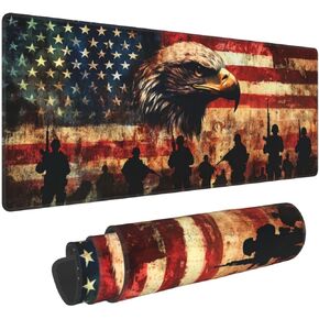 Bald Eagle و American Soldier Gaming Mouse Pad ، قاعدة كبيرة من القاعدة المطاطية غير المنقولة Mousepad XL 31.5x11.8in ، حصيرة الماوس لوحة المفاتيح ، وسادة مكتب مع حواف مخيط للمنزل والمكتب Gamer