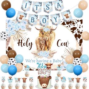 Highland Cow Baby Shower Decorations for Boys Blue with Holy Cow Are Having a Baby Backdrop Highland Cow It is a Boy Banner Cake Cupcake Toppers for Holy Cow Baby Shower Supplies