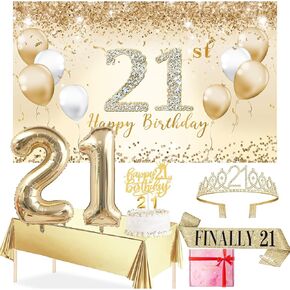 Trgowaul 21st عيد ميلاد ديكورات لها ، لافتة عيد ميلاد الذهب 21 ، مفرش المائدة ، وشاح عيد الميلاد الحادي والعشرين ، و Crown ، 1pc 21st Cake Topper ، الذهب 21 بالونات Happy 21 عيد ميلاد النساء