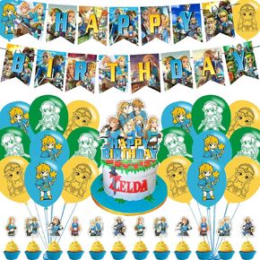 Elzem 𝓩𝓮𝓵𝓭𝓪 Decorations Party ، لوازم حفلة عيد ميلاد لعبة الأسطورة تشمل Banner- Cake Topper - 12 قبعات كب كيك - 18 بالونات ، الأزرق