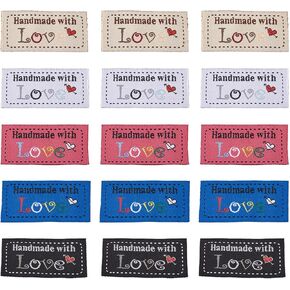 kissitty 150pcs ملصقات قماش منسوجة مع نمط القلب "مصنوع يدويًا مع الحب" - 5 ألوان ، 30pcs/اللون - خياطة على علامات للحرف اليدوية DIY ، تزيين الملابس
