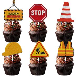 18pcs Gold Glitter Dessert Cupcake Topper Pick for Construction Tool Worker Theme Decor Supplies Men Women Kids Happy Birthday Party Decorations