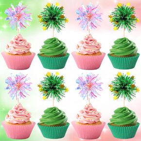 Geelin 40 PCS Witch تحت عنوان FOIL FOIL FIRORK CUPCAKE TOPPERS PINK & GREEN Parkle Tinsel Cupcake Decorations مع تصاميم العصا السحرية لحفلات عيد ميلاد الأميرة أحداث ذات طابع سحري
