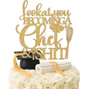 Gold Glitter Congrats Chef Cake Topper, Chef’s Graduation Cake Decorations, Class of 2025 Congrats Grad Culinary School Graduation Party Decorations Supplies