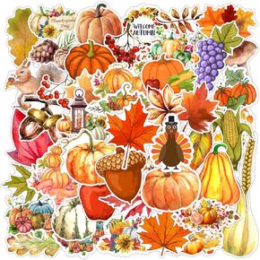 YUJUN 50 PCS Thanksgiving Stickers, Autumn Fall Pumpkin Turkey Maple Leaf Stickers Decals for Thanksgiving Water Bottles Luggage Cards Envelopes Scrapbook Laptop Party Decoration for Kids Teens