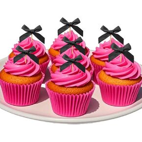 48pcs القوس الكب كيك أعلى القبعات ، كعكة القوس الأسود توبيبر ديكور عيد ميلاد ، Mini Bowknot Cupcake اختيارات ل Coquett