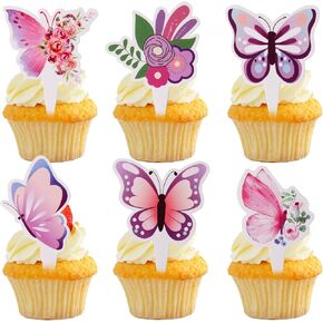24Pcs Purple Butterfly Cupcake Toppers Colorful Wildflower Cupcake Toppers 2 Inch Butterfly Birthday Decorations for Cake Cupcakes