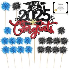 SLINER 22 PCS Class of 2025 Cake Cake Toppers CHESS CHESS CAKE 1 Topper Decorations 1 Diploma CARD 20 FOIL FOIL FIRWORK CUPCAKE TOPPERS for Terguation Party Supplies (Red ، Black)