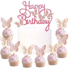 13 PCS 3D Butterfly Cake Toppers ، Happy Birthday Cupcake Toppers ، Butterfly Cupcake Topper for Girls Women's Birthday ، Forms for Cake Cupcake Decoration （Fight Pink）