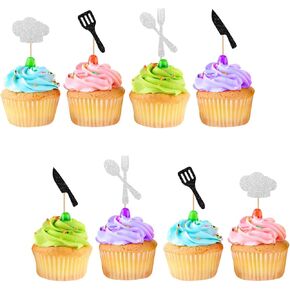 24pcs Chef Cupcake Toppers ، Cooking Chef Cupcake Toppers for MasterChef Birthday ، Black Glitter Cupcake.