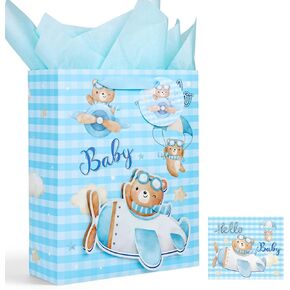 حقيبة هدايا Vgoodall Blue Baby ، 10 "× 4" × 12.6 "حقيبة ورقية كبيرة مع مقابض بطاقة تهنئة ورقة للأطفال.