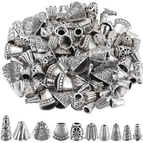 1 مربع 100PCS 10 أنماط مخروطات مخروطات حبة الفضة كبسولات نهاية حبة مع الفتحة من سبائك التبت الطراز الصغير نهاية الفاصل المحكم لتصنيع المجوهرات أساور أقراط لوازمة ديي الحرف اليدوية