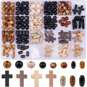 Sunnyclue 1 Box 290pcs Cross Wood Beads Kit Easter Wooden Cross Beads Crucifix Mini Crosses Cross Bead Charms Wooden Round Round Beads for Jewelry Making Diy Oper Strails Supplies Supplies
