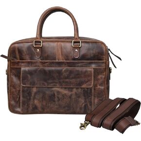 Genuine Leather Messenger Bag with Adjustable Strap for Men and Women Briefcase Laptop Satchel Office Crossbody - Brown