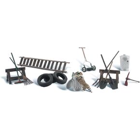 N Scenic Accents Garage Treasures (Tires, Ladder, Rake, Racoon etc.) Woodland Scenics