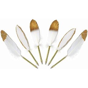 Cheerland Golden Quill Vintage Feather Pen Set Signature Gold White Guest Book Signing Ceremony For Anniversary Graduation Baby Shower Wedding Bridal Shower Office Party Favors - Pack of 6