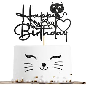 Sotpot 1PC Cat Birthday Cake Topper Black Glitter Kitten Baby Cake Picks for Cat Kitten Theme Baby Shower Kids Birthday Decoration Supplies