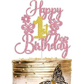 Butterfly Happy 1st Birthday Cake Topper, Cheers to 1 Years, Floral Theme Baby First Birthday Baby Shower Party Decorations Supplies, Pink Glitter