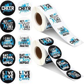 1000 Pcs Cheer Roll - 10 Styles Cheerleader Party Decorations, Motivational Stickers, 1.5 Inch(Blue)