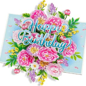 Floral Peonies Pop Up Card, Happy Birthday, Flowers, 3D Greeting Cards, Gifts for Mom, Mother in Law, Wife, Her, Girlfriend, Sister, 5x7 - Includes Envelope And Message Note