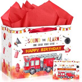 Firetruck Gift Bag Firetruck Birthday Decorations Fire Truck Party Favors Bags with Wrapping Paper Greeting Card Fire Engine Birthday Wrapping Paper Bag for Baby Shower Birthday Party Favors Supplies
