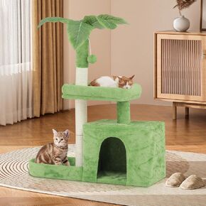 Cat Tree with Green Leaves Cat Tower with Scratching Posts, Cat House Condo Perch and Fluffy Ball Cat Trees for Indoor Cats 32 Inches, Lawn Green