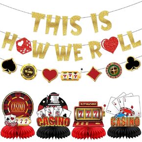 This Is How We Roll Banner Poker Garland Casino Centerpiece, Casino Theme Party Decorations, Las Vegas Poker Birthday Party Decorations, Gold Glitter