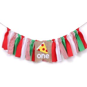 WAOUH Pizza Highchair Banner for 1st Birthday - Fabric Rag Garland Decoration, Cake Smash Photo Prop (80in)