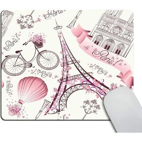 Smooffly Love Pink Paris Vintage Floral Eiffel Mouse Pad, Vintage Romantic Paris Floral Bike Painting Print Art Mouse Pads 9.5 X 7.9 Inch (240mmX200mmX3mm)