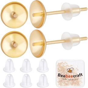 Beebeecraft 1 Box 200PCS Cup Cup Post Post 24K Gold Plated Stud Enring Deprates for Half Beads Beads with 200pcs plastic ear din 0.8mm for diy arring make