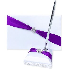 JC Classics Wedding Guest Book and Pen Set | Guest Book Wedding Set with Lined Pages for Sign in | Glittering Flower Rhinestone & Purple Satin with Royal Touch Guestbook Wedding
