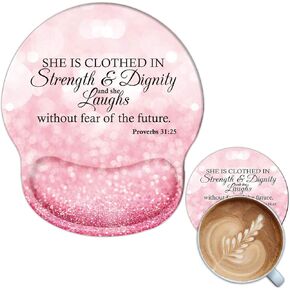 Ergonomic Mouse Pad with Gel Wrist Rest Support,Pink Glitter Bible Verses She is Clothed in Strength Dignity Mousepad with Coaster, Non Slip PU Base Laptop Computer Mouse Pad Mat Office Accessories
