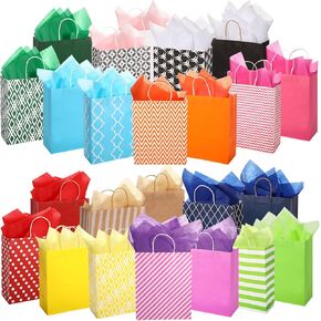 Kolldenn 24 PCS حقائب هدايا عيد ميلاد مع 48 ورقة أنسجة 12 أكياس هدايا متنوعة كبيرة كبيرة مع مقابض للتسوق عيد الحب يوم عيد الحب
